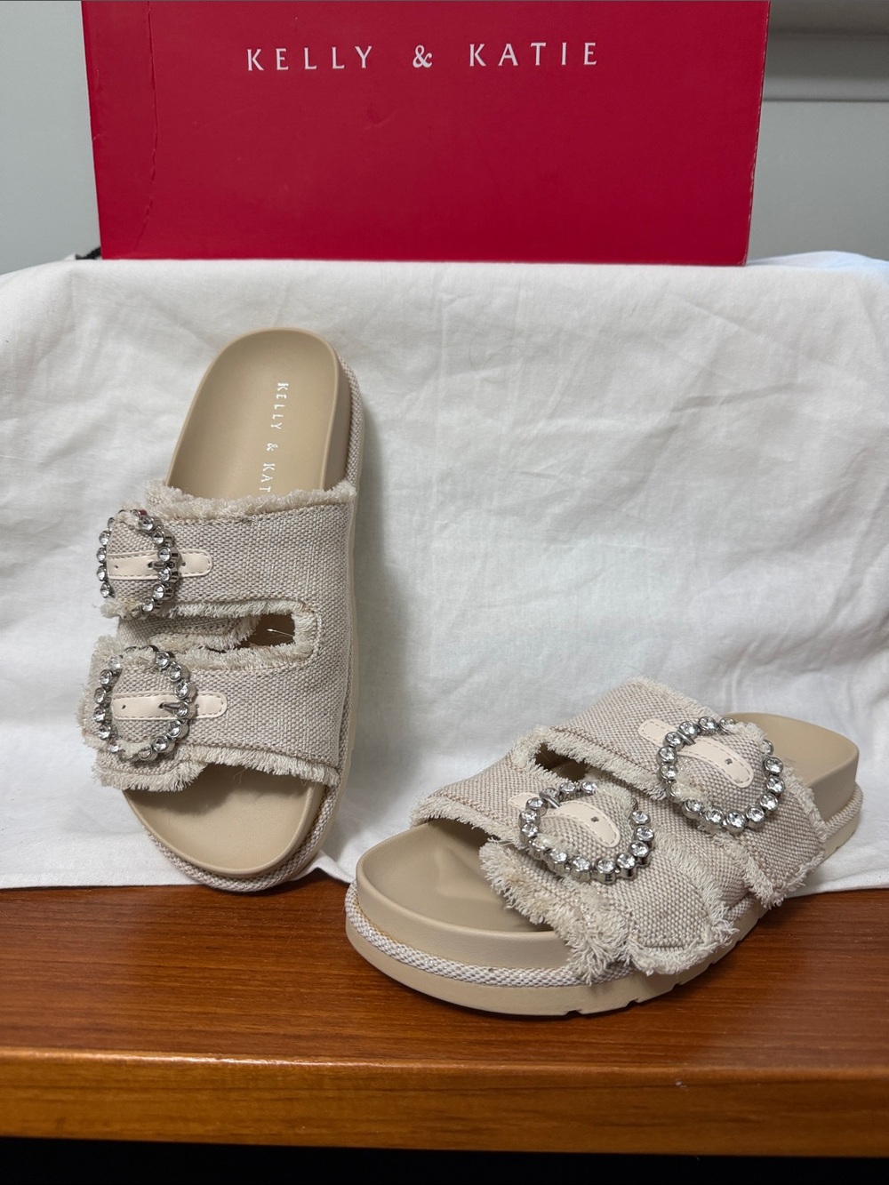 Kelly & Katie Tan Embellished Buckle Slide Mules